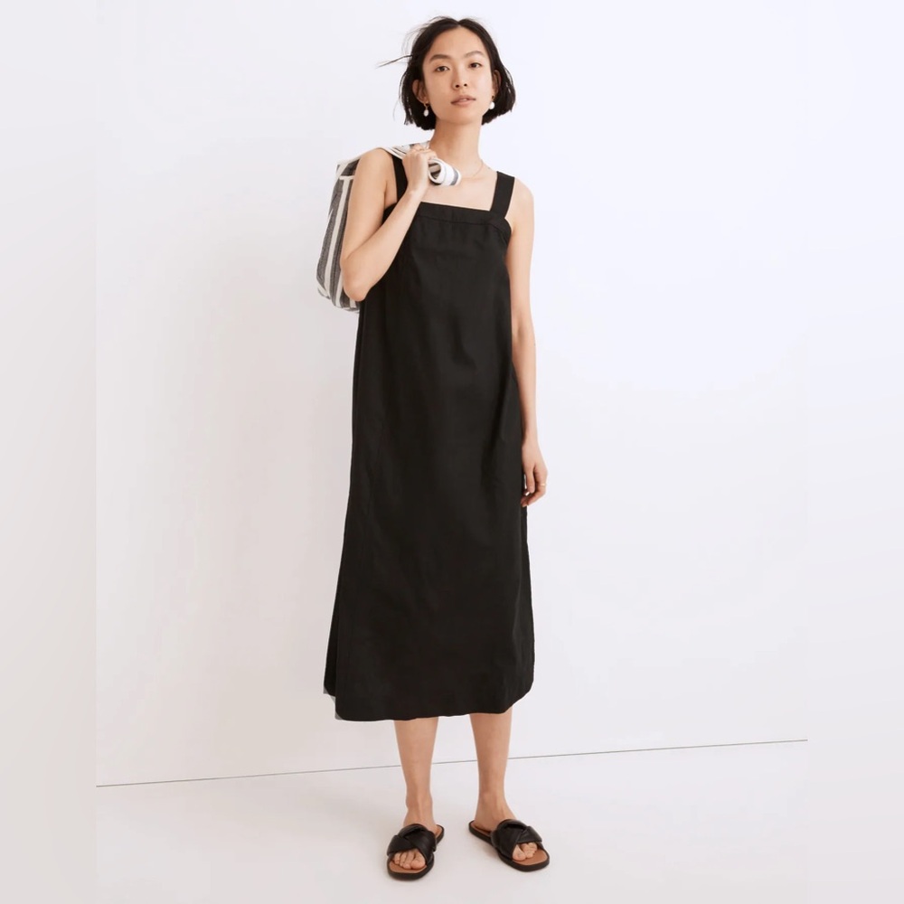 Black Linen-Cotton Princess-Seamed Midi Dress size medium